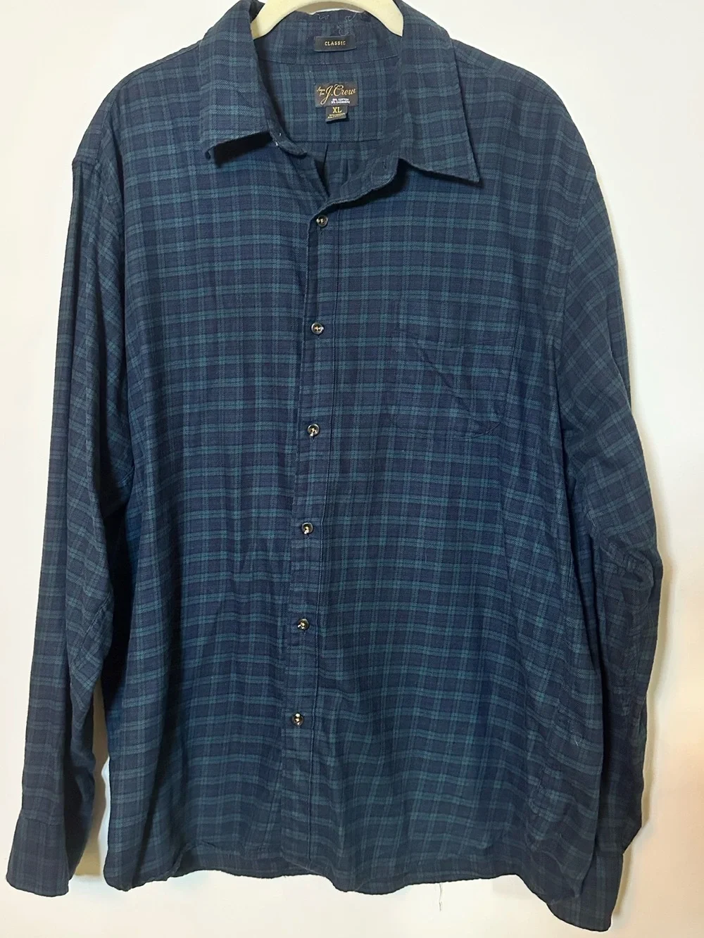 J.Crew Men’s Size XL Flannel Cashmere Cotton Blend Green Navy Plaid Button Down